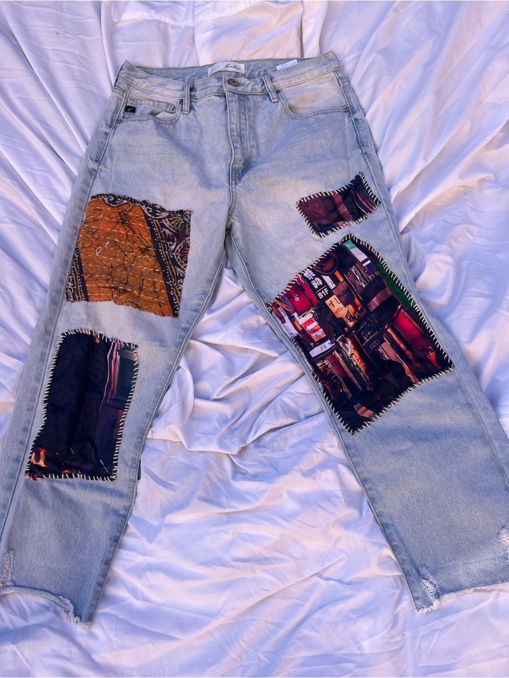 KanCan OOAK Reworked Patchwork Jeans Light Wash Straight Raw Hem